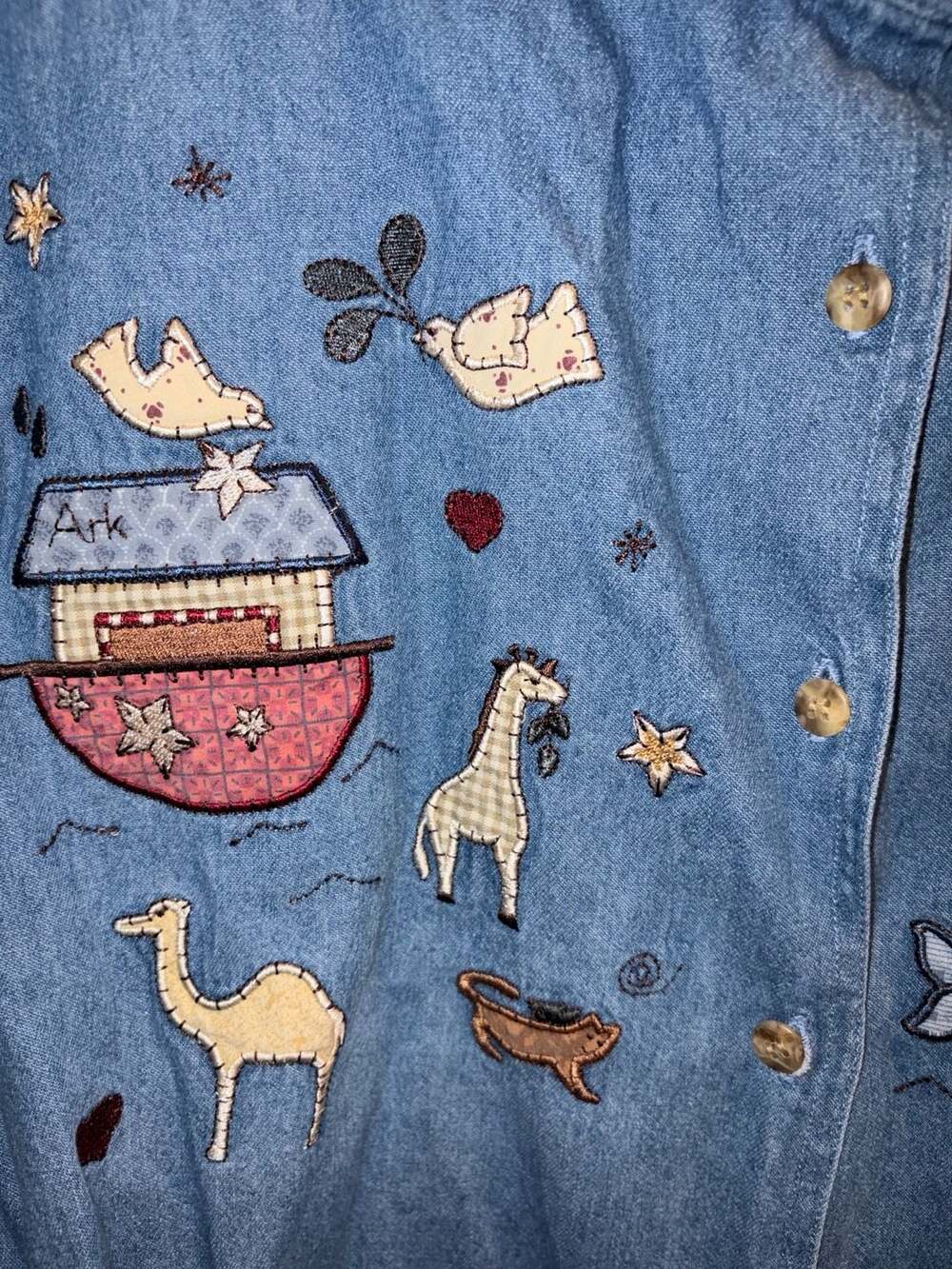 Christopher & Banks Women's Long Sleeve Denim Shirt with Noah's Ark Embroidery - Picture 4 of 5